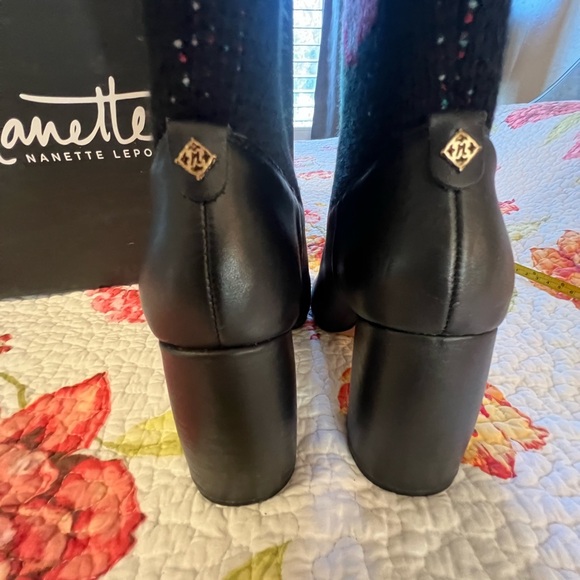 Nanette Lepore Black Leather Floral Knit Boots - Picture 8 of 11